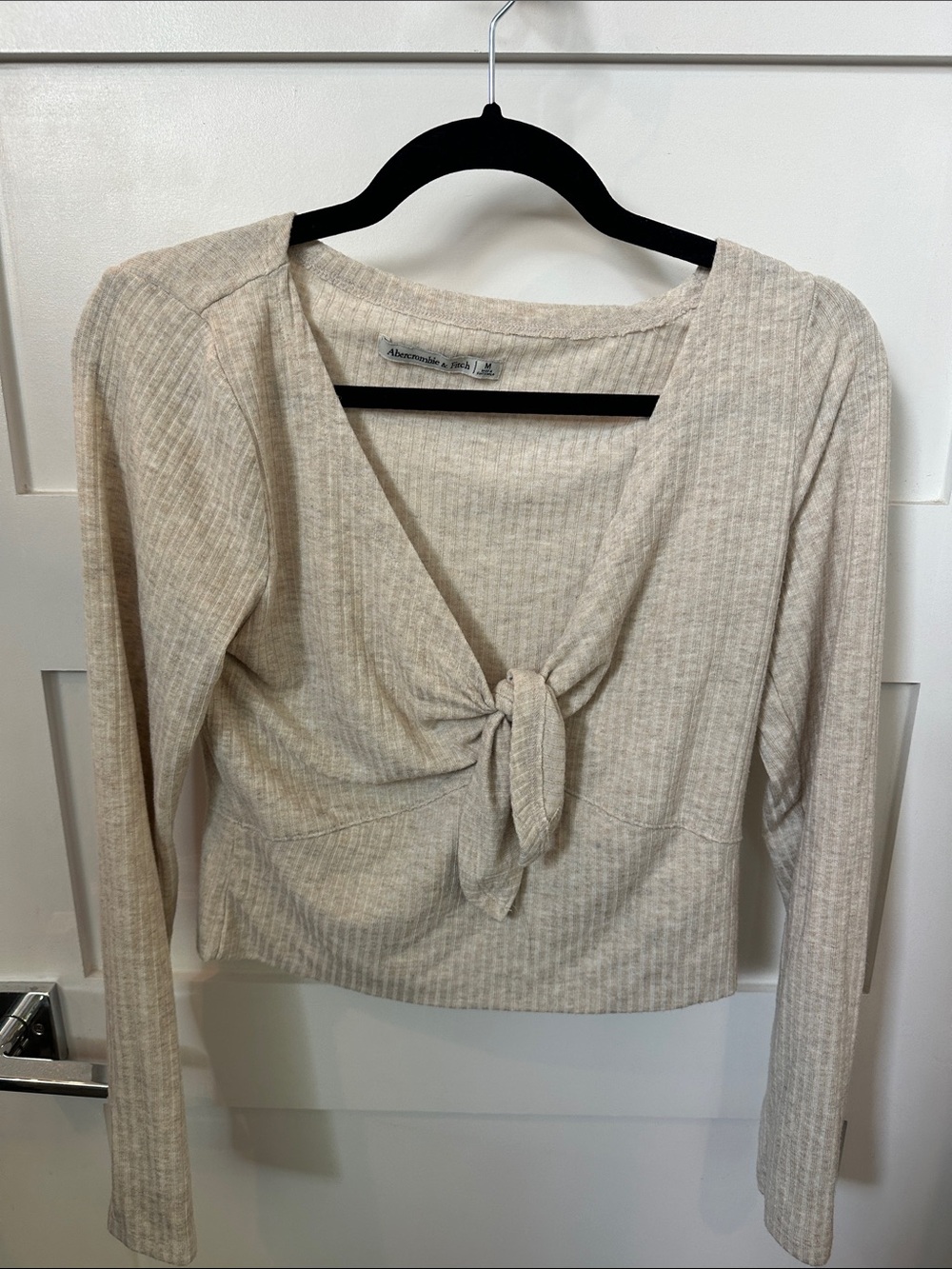 Abercrombie & Fitch Beige Ribbed Tie-Front Crop Top